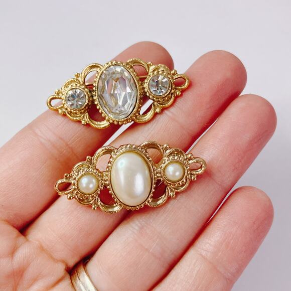 VTG 60s Lot of 2 Brooches Faux Pearl Rhinestone Victorian Revival Romantic Pins - Picture 4 of 10